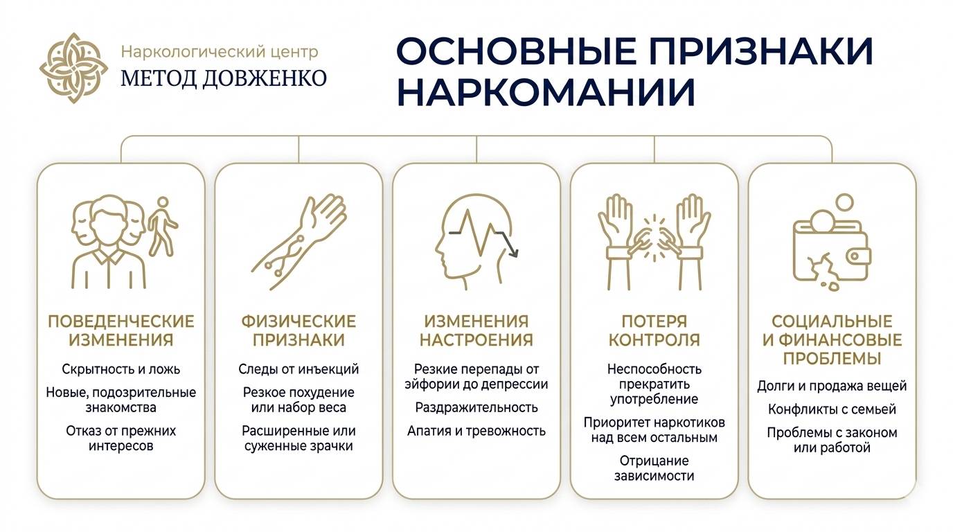 Инфографика с пятью блоками основных признаков наркомании: поведение, физика, настроение, контроль, социальные проблемы — лечение наркомании
